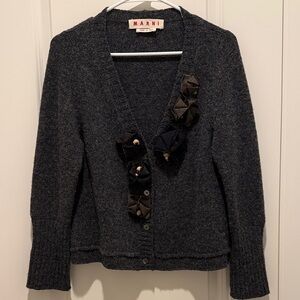 Marni Vintage Charcoal Wool Blend V-Neck Cardigan with Decorative Appliqué